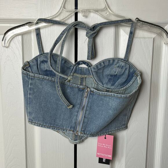 Pretty Little Thing Petite Light Blue Wash Denim Seam Detail Corset Top 00 - Picture 4 of 8